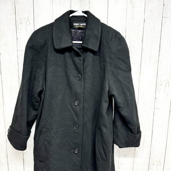 Albert Nipon Coat Women 10P Black Long Collared Button Down Peacoat Front Pocket - Picture 2 of 9